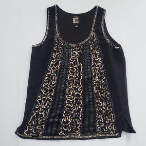 Black Sequins & Beaded Tank Top Blouse Side Vents Champagne Silver Dark Fairy M
